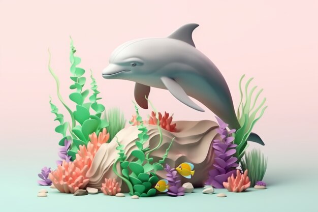 3d dolphin with plants