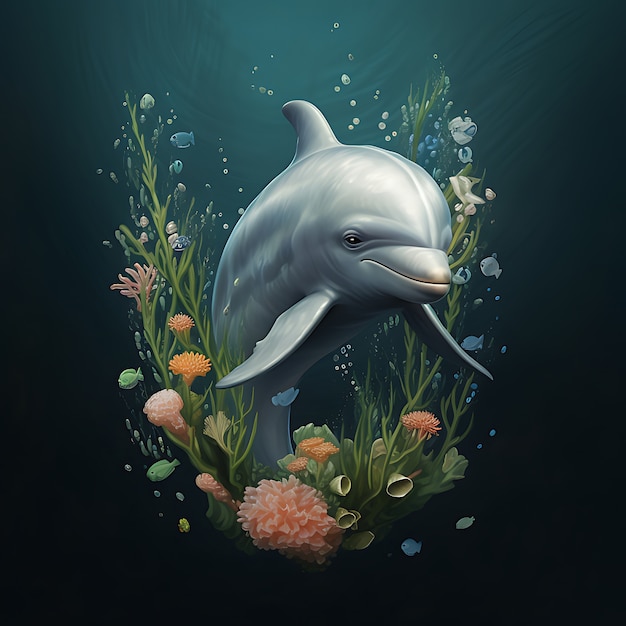 3d dolphin with plants