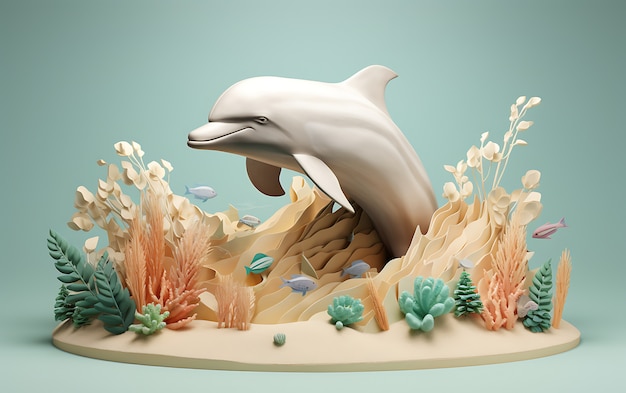 Free photo 3d dolphin with plants