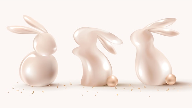 럭셔리 로즈 골드 휴일 축하 테마 세트의 3D 부활절 토끼