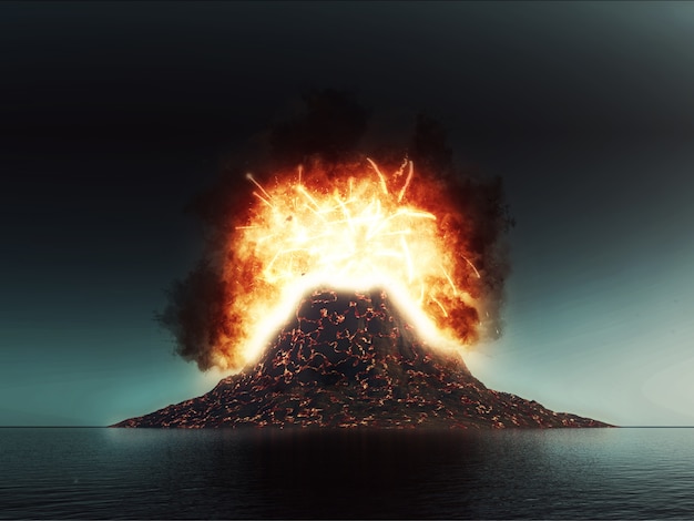 3D 폭발 화산 장면