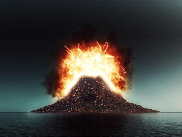 3D exploding volcano scene