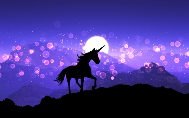 3D fantasy unicorn on a mountain landscape with purple sunset sky