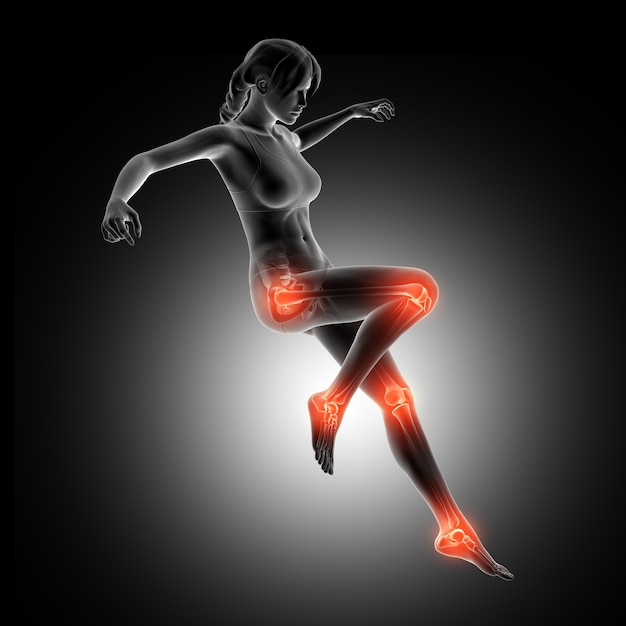 Free photo 3d female figure landing from a jump with leg joints highlighted