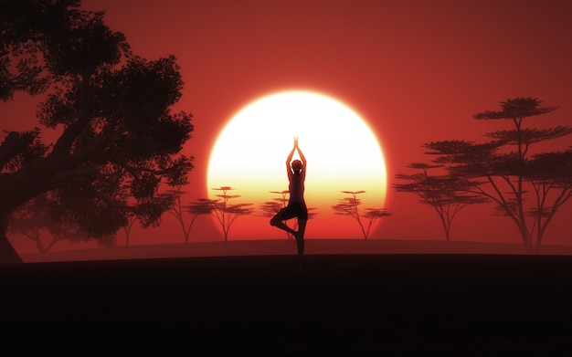 Бесплатное фото Женщина 3d в представлении йоги в африканский ландшафт с небом захода солнца