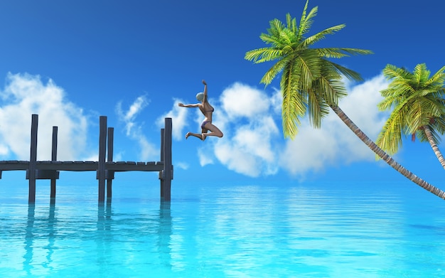 Free photo 3d female jumping off a jetty into the sea