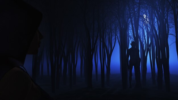 Free photo 3d female looking at creature in foggy forest