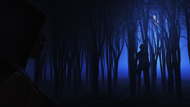 3D female looking at creature in foggy forest