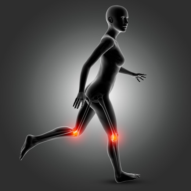 3D женская медицинская фигура в бегущей позе с выделенными костями колена