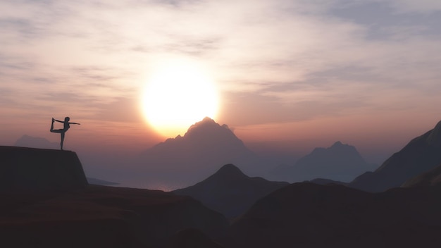 Foto gratuita femmina 3d in una posizione yoga su una montagna contro un cielo al tramonto