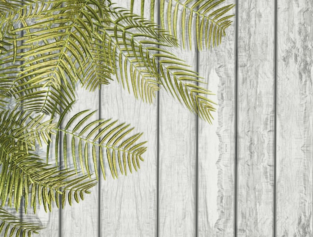 3D fern leaves on a white wooden texture