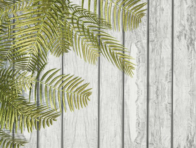 3D fern leaves on a white wooden texture