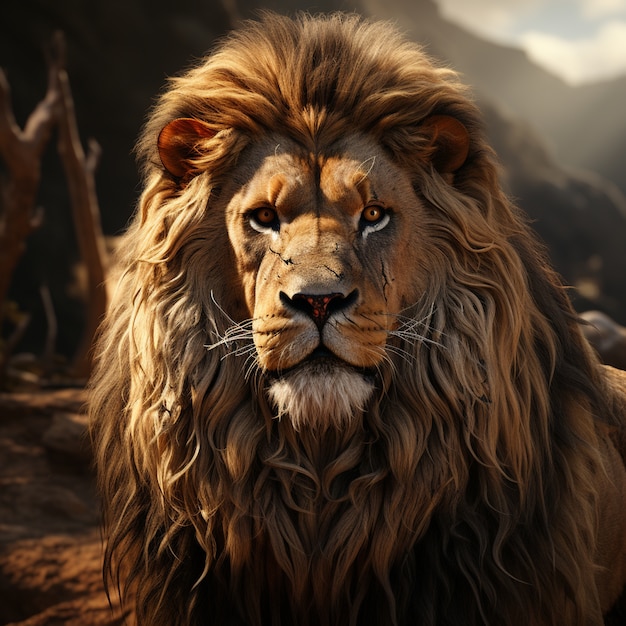 3d ferocious lion with nature background