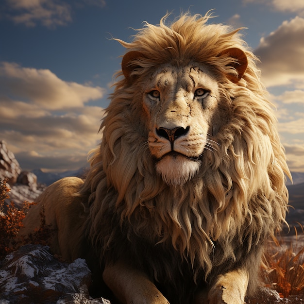 3d ferocious lion with nature background