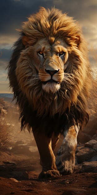 3d ferocious lion with nature background