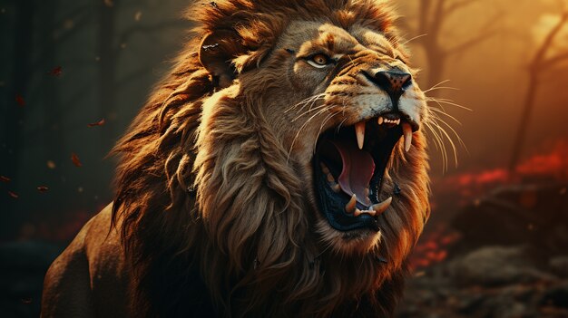 3d ferocious lion with nature background