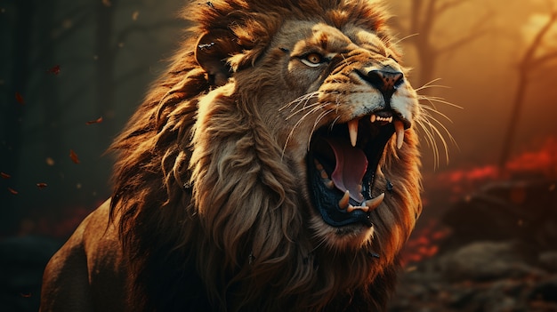 3D свирепый лев на фоне природы