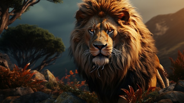 自然の背景を持つ 3 d の猛烈なライオン