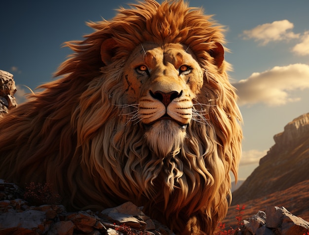 3d ferocious lion with nature background