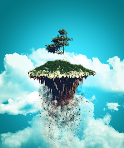 3D floating island exploding into the sky