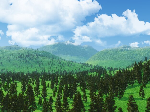 3D лесной пейзаж с низкими облаками