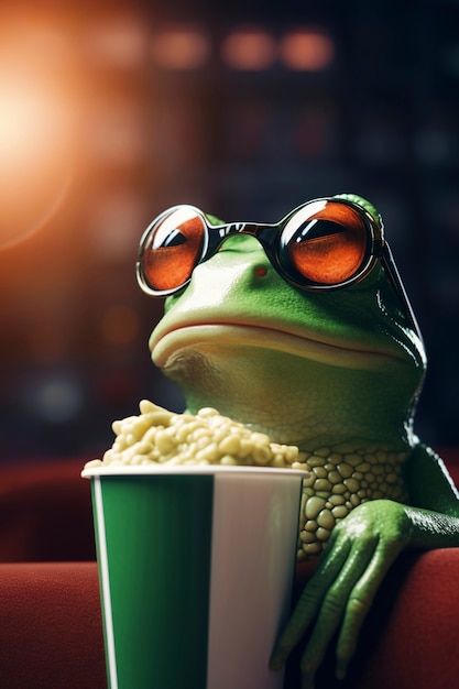 3Dカエルが映画館で映画を見ている