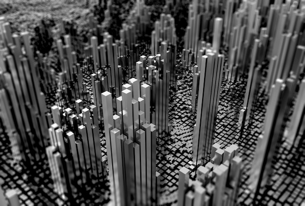 3D futuristic landscape of shiny cubes in monotone