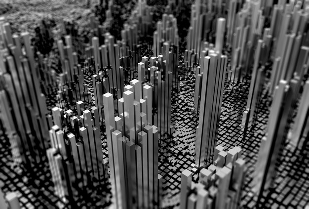 3D futuristic landscape of shiny cubes in monotone