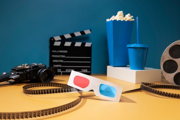 Free photo 3d glasses and clapper board for movies arrangement