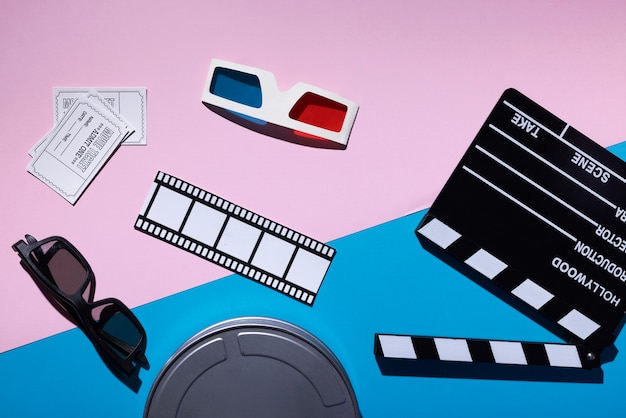 3d glasses for movies and clapper board flat lay