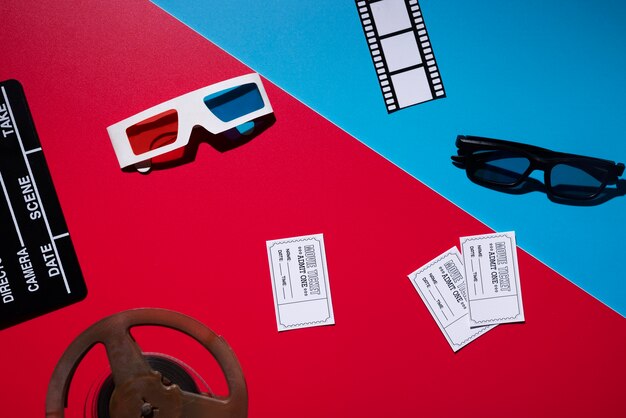 3d glasses for movies and clapper board above view