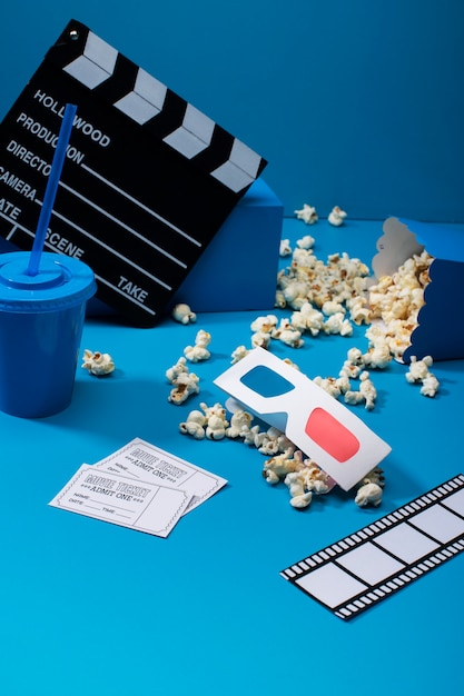 Foto gratuita 3d occhiali e disposizione dei popcorn ad alto angolo