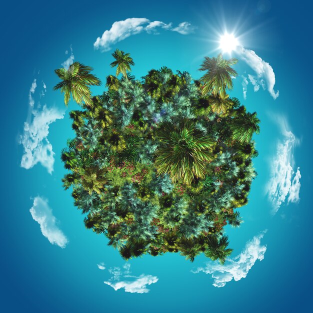 3D globe with tropical palms and grasses with clouds