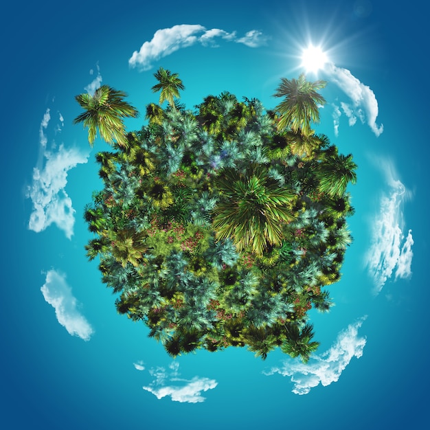 3D globe with tropical palms and grasses with clouds