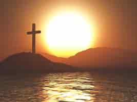 Free photo 3d good friday background with cross in sunset sea landscape