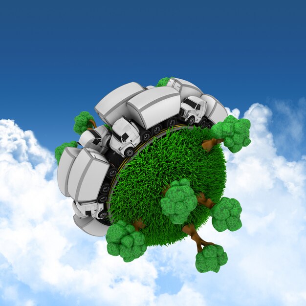 3D grassy globe with trucks and trees