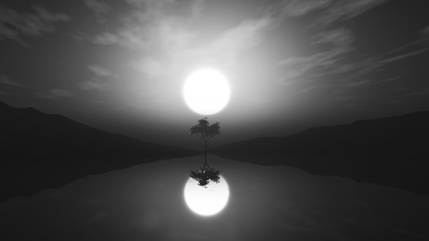 3D greyscale tree in misty landscape with reflection in water