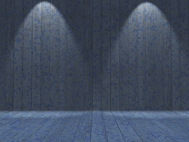 Free photo 3d grunge interior with wooden blue painted walls and floor