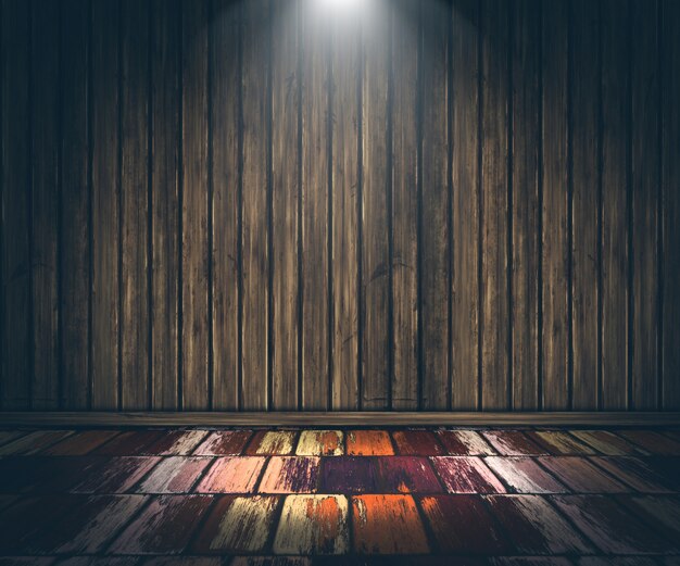 3D grunge wooden interior with spotlight shining down