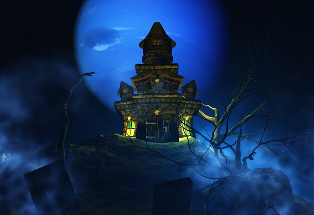 3D Хэллоуин фон с жуткий замок