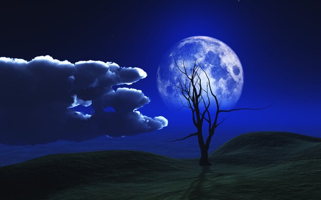 月光の空に対して幽霊の木を持つ3Dハロウィーンの背景