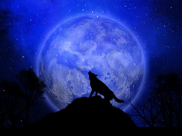 3D Halloween background with wolf howling against the moon