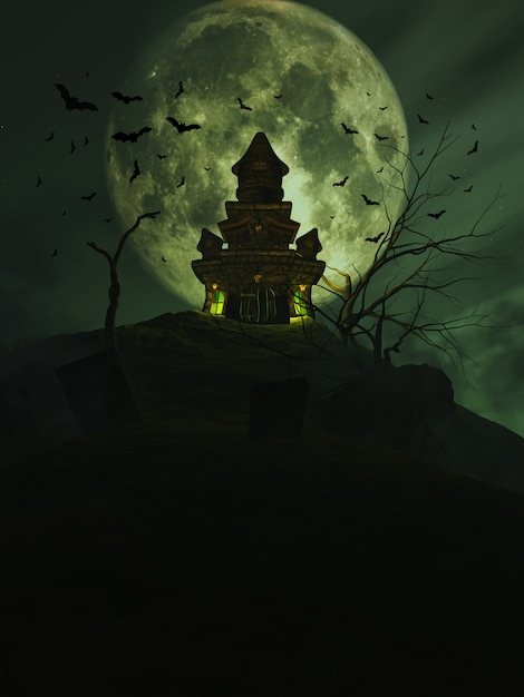 3D Halloween castle with bats in the sky