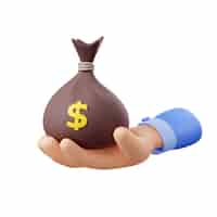 Free photo 3d hand hold money bag sack with dollar sign