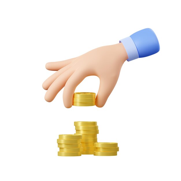 3d hand puts gold coins on money stack