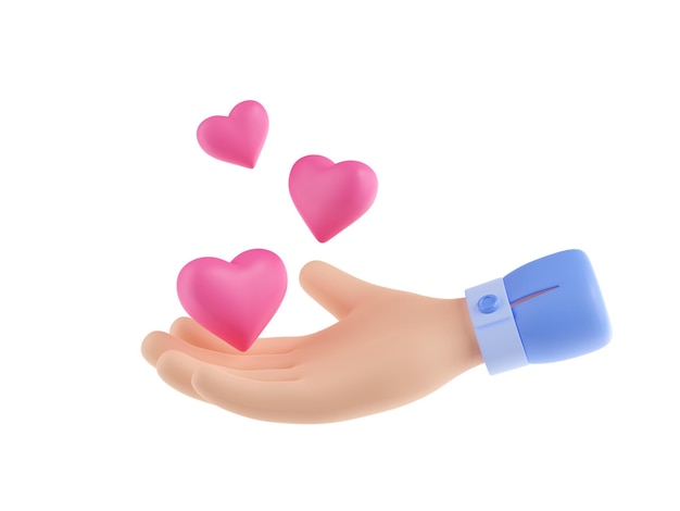 Free photo 3d hand with flying pink hearts