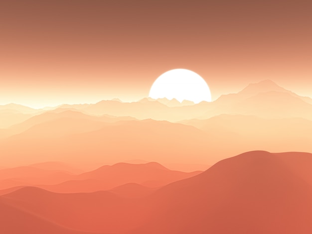 3D hazy mountain range against sunset sky