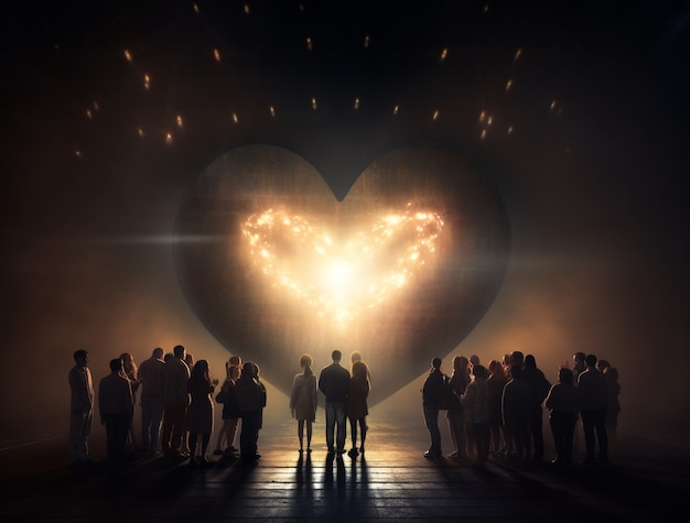 Free photo 3d heart shape on night sky with people