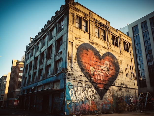 Бесплатное фото 3d форма сердца, нарисованная на здании города