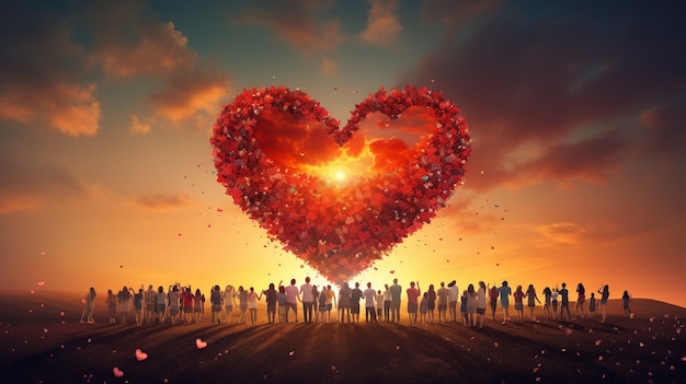 3d heart shape with crowd of people